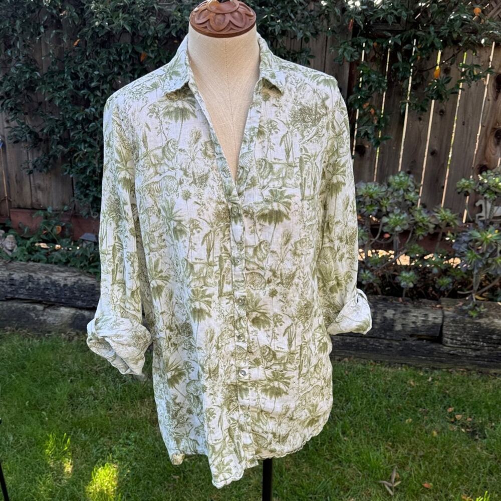 Rachel Zoe 100% Linen Ivory & Green Lions & Tigers Tropical Print Blouse Medium